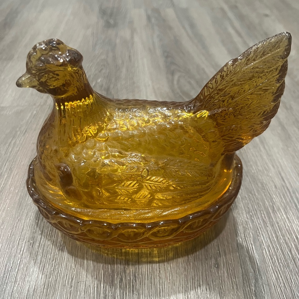 Vintage Amber Glass Nesting Hen Chicken Dish L E Smith - Picture 1 of 9